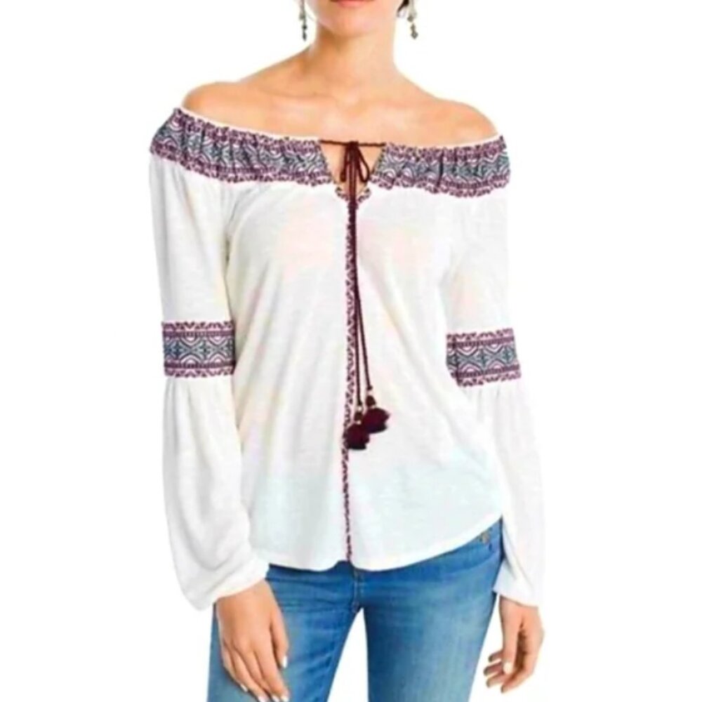 White House Black Market Women's White Embroidered Keyhole Blouse Top Size M